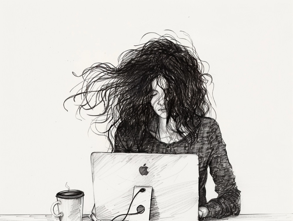 Illustration of a person working at a laptop with coffee