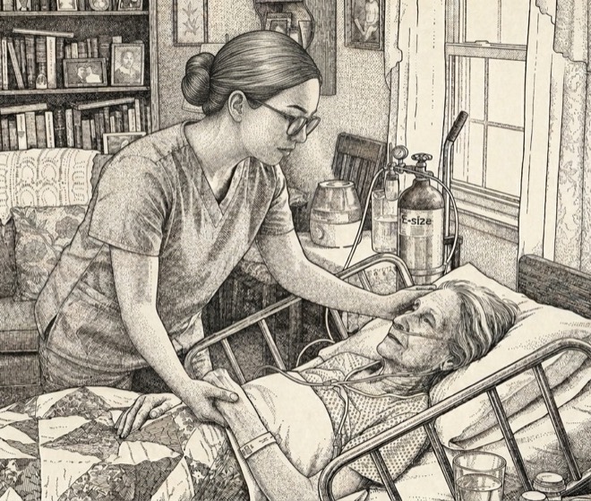 Illustration of a caregiver tending to a client at bedside
