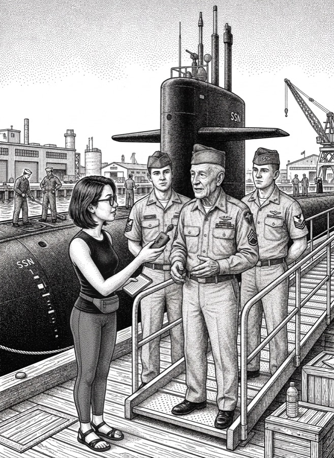 Illustration of a journalist interviewing military officers at a submarine base