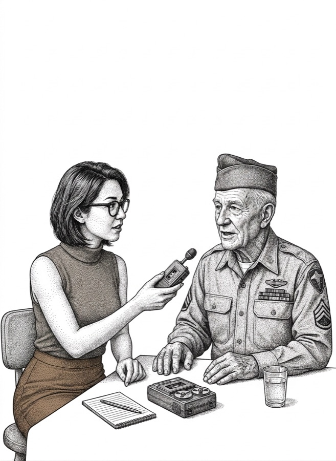 Illustration of a journalist interviewing a war veteran